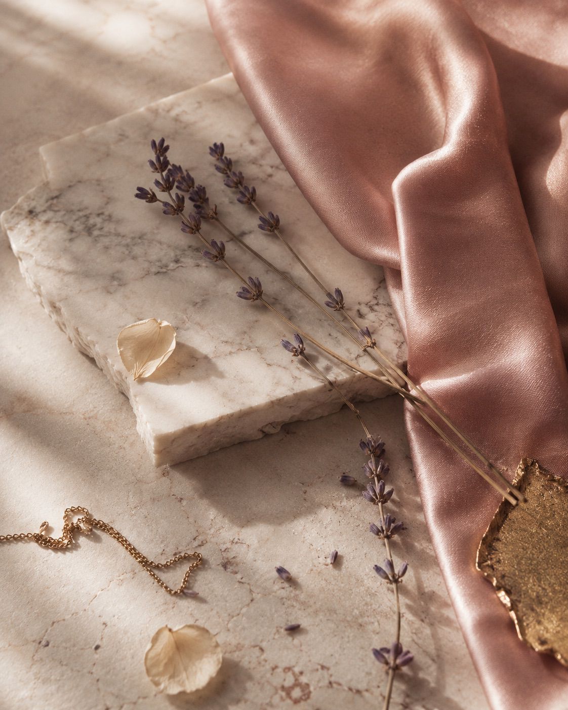 Mármore, seda rosé, lavanda e detalhes em ouro